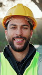 Construction, face and happy man outdoor with helmet, contractor and about us in building project. Portrait, smile and engineer with ppe hardhat, site developer and confidence in industrial industry.