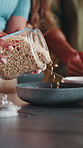 Breakfast, diet or hands in home with oats, health eating or benefit in cholesterol control. Whole grain, couple or woman with nutrition, digestion support or cardiovascular wellness in morning meal.