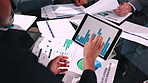 Tablet, screen and hands with business person for meeting, insurance demographic and team. Track claims status, customer risk profile and geographic trend chart with employees and documents in agency