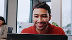 Man, realtor and laptop in office with smile, viewing booking and update property listing on website. Estate agent, tech and coworking in firm with reading or auction opportunity for extra commission
