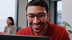 Man, realtor or computer in office with smile, viewing booking or update property listing on website. Agent, PC and coworking in firm with glasses, reading or auction opportunity for extra commission