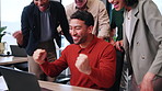 Colleagues, winning and happy man with fist pump in office for achievement or team success on laptop. Excited, male person and celebration with employees clapping for good news together in workplace