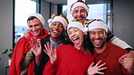 People, face and excited at company for Christmas, festive celebration and last day of work. Employee, team and cheering at office party for xmas event, year end function and achievement in santa hat