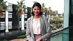Realtor, face or woman on balcony with laugh, commercial career or pride in real estate profession. Happy, portrait or broker outdoor with confidence, leasing agent or about us in property management
