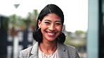 Realtor, face or woman outdoor with smile, commercial career or pride in real estate profession. Happy, portrait or broker on balcony with confidence, leasing agent or about us in property management