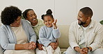 Playing, happy or black family with child in home for fun learning, education or counting together. Grandma, mom and dad with kid or daughter for teaching mathematics, numbers or calculation in house