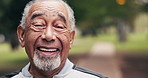 Happy, face and elderly man in park fitness, exercise and smile for wellness, health and fresh air. Retirement, portrait and mature person outdoor for break, active lifestyle and workout in morning