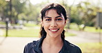 Fitness, face and woman in park with laugh, positive attitude and workout hobby on weekend break. Happy, bokeh and athlete outdoor with joke reaction, confidence and good mood in training activity.

