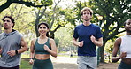 Fitness, smile or friends outdoor with running, cardio or exercise together in physical activity. Happy, collaboration or people in nature with jog, stamina training or team wellness in park workout.