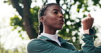 Stretching, runner and fitness with black woman in park for training, health and cardio challenge. Warm up, breathing and exercise with person outdoor for sports athlete, workout and wellness