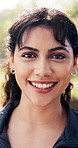 Face, happy and woman in park for fitness, exercise and break for wellness and active outdoor. Laugh, portrait and person with pride for workout, healthy lifestyle and training with fresh air