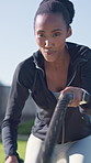 Happy, fitness and black woman with battle ropes in outdoor park for strength training or exercise. Active, female person or stamina with smile or cable for muscle gain, endurance or power in nature