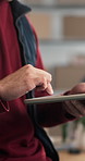 Hands, person and logistics at startup with tablet, stock checklist and confirm order for delivery. Owner, scroll or review in warehouse with tech, supply chain and supplier availability for shipping