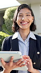 Real estate, face or woman on front porch with tablet, leasing agent or pride as property seller. Happy, tech or broker outdoor with confidence, housing consultant or about us as commercial investor.