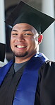 Smile, face and man at graduation ceremony for college degree, education milestone and pride. Male person, university graduate and success or achievement of goals, future and academic excellence