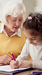 Homework, grandparent and kid in house with help, childcare and support with homeschool activity. Education, grandmother and girl with task aid, family guidance and assistance in home learning.