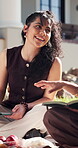 College students, education and happy woman with tablet, talking or planning for exam with research. Knowledge, online and people with tech, academic growth and discussion with friends at university