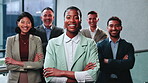 Business people, face and happy with arms crossed, solidarity and confident for career development. Leadership, portrait and colleagues with ambition, laughing and collaboration with group in office