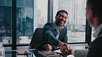 Office, business people and man with handshake for meeting, b2b deal or investment partnership. Corporate, happy and workers shaking hands for finance agreement, negotiation or merger with consultant