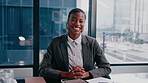 Face, businesswoman and smile in office with finance career, confidence and data for accounting task. Happy, black person and financial analyst in workplace with job experience, pride and about us.