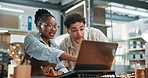 People, logistics and small business with laptop for order, online delivery schedule or sale. Businessman, woman or computer with smile, feedback or review for shipping, supply chain or distribution