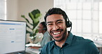 Call center, face and happy man in office with headset, tech support or pride in customer assistance. Portrait, laugh and help desk agent with mic, CRM specialist and confidence as IT consultant.