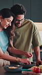 Couple, breakfast and cooking in kitchen with healthy food, fruit and bonding together with wellness. Happy, married people and discussion in home with meal prep, nutrition and ingredients for diet.