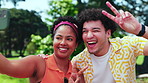 Friends, selfie and peace sign in park with smile, bonding together or memory for hangout on weekend. Happy, people and photography outdoor in nature with v gesture, connection and social media post.