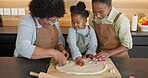 Baking, black family and cookie cutter in kitchen for quality time, bonding or shape in home. Dessert, recipe or happy child with mother and grandmother for learning, generations or dough for biscuit