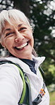 Senior, woman or hiking with tour in forest for outdoor sightseeing, travel or POV tutorial in nature. Elderly, female person or hiker showing with trees or vlog for navigation, journey or adventure