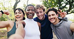 Face, friends and selfie at park for fitness, photography and social media for marathon success. Portrait, people and smile in nature with pov, profile picture and capture memory for sports milestone