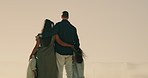 Back, parents and children in nature for travel, love and parental support with scenery on holiday. Below, people or kids outdoor with space, childcare and connection for sightseeing on vacation trip