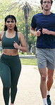 Running, friends and people in park for fitness, cardio workout and training together for health. Runner, challenge and men with women for exercise, active hobby and endurance for wellness outdoor