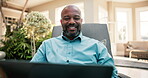 Laptop, happy and black man at holiday resort for remote work, blogging and internet connection. Smile, technology and digital nomad with flare for workcation, travel and online workload at villa