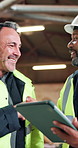 Carpentry, tablet or team in workshop with handshake, agreement or staff trust in woodworking. Happy, mature men or supervisor with tech, project understanding or solidarity in manufacturing factory.