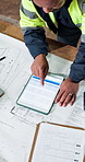 Architect, man and documents with tablet on construction site for project design or development. Top view, male person or contractor with technology for building ideas, brainstorming or planning