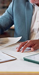 Hands, floor plan or discussion with architect team for design review, construction or strategy. Collaboration, people or blueprint paper for building project, engineering or quality control at site