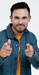 Face, studio and man with finger guns for confidence, positive personality and pride with fashion. Portrait, white background and person with emoji, gesture and excited with style, trendy and outfit