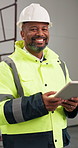 Face, engineer and black man at construction site with tablet, PPE and smile for project management. Happy, mature person or engineering manager in building with tech, property development or helmet.