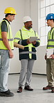 Construction worker, teamwork and men with tablet in building, discussion and property development. Engineer, collaboration and happy people with tech, renovation and talk with electrician in meeting