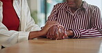 Senior mother, support and holding hands with daughter in home, love and connection with old parent. Happy people, laughing and bonding with elderly mom, together and conversation in family house