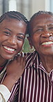 Face, senior mother and happy with daughter in home, support or connection with old parent on break. Black people, portrait and bonding with elderly mom, embrace together and relax in family house