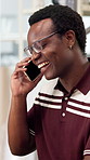 Smile, creative and black man in office with phone call, event planner and venue availability. Happy, person or talking in workplace with mobile, contact client and confirm guest list for reservation
