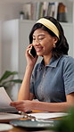 Woman, potter and phone call in small business with paper, supplier contact or smile for feedback. Entrepreneur, tech or talk in studio for ceramic availability, customer service or distribution list