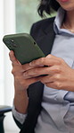 Hands, woman and lawyer in office with phone, contact witness and new evidence for court case. Person, attorney and reading at law firm with mobile, upcoming trial and review testimony of proceedings