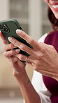 Texting, digital and woman in home with phone, online communication and notification on chat app. Contact, typing and happy person with tech, message update and internet search on virtual platform.