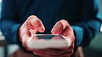 Hands, lawyer and typing in office with phone, contact witness and new evidence for court case. Person, attorney and reading at law firm with mobile, upcoming trial and report for proceedings verdict