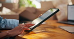 Typing, hands and tablet in small business for logistics, monitor live shipping or online invoice. Ecommerce, woman and digital in startup for stock procurement, track route or delivery status update