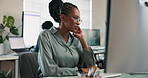 Smile, woman and programmer at call center with computer, discussion and crm for technical support. Person, talk or coworking in office with pc, customer service and it assistance for software issues
