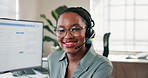 Call center, face or happy woman in office with mic, tech support or about us in customer assistance. Portrait, headset or help desk agent with computer, CRM specialist or confidence as IT consultant